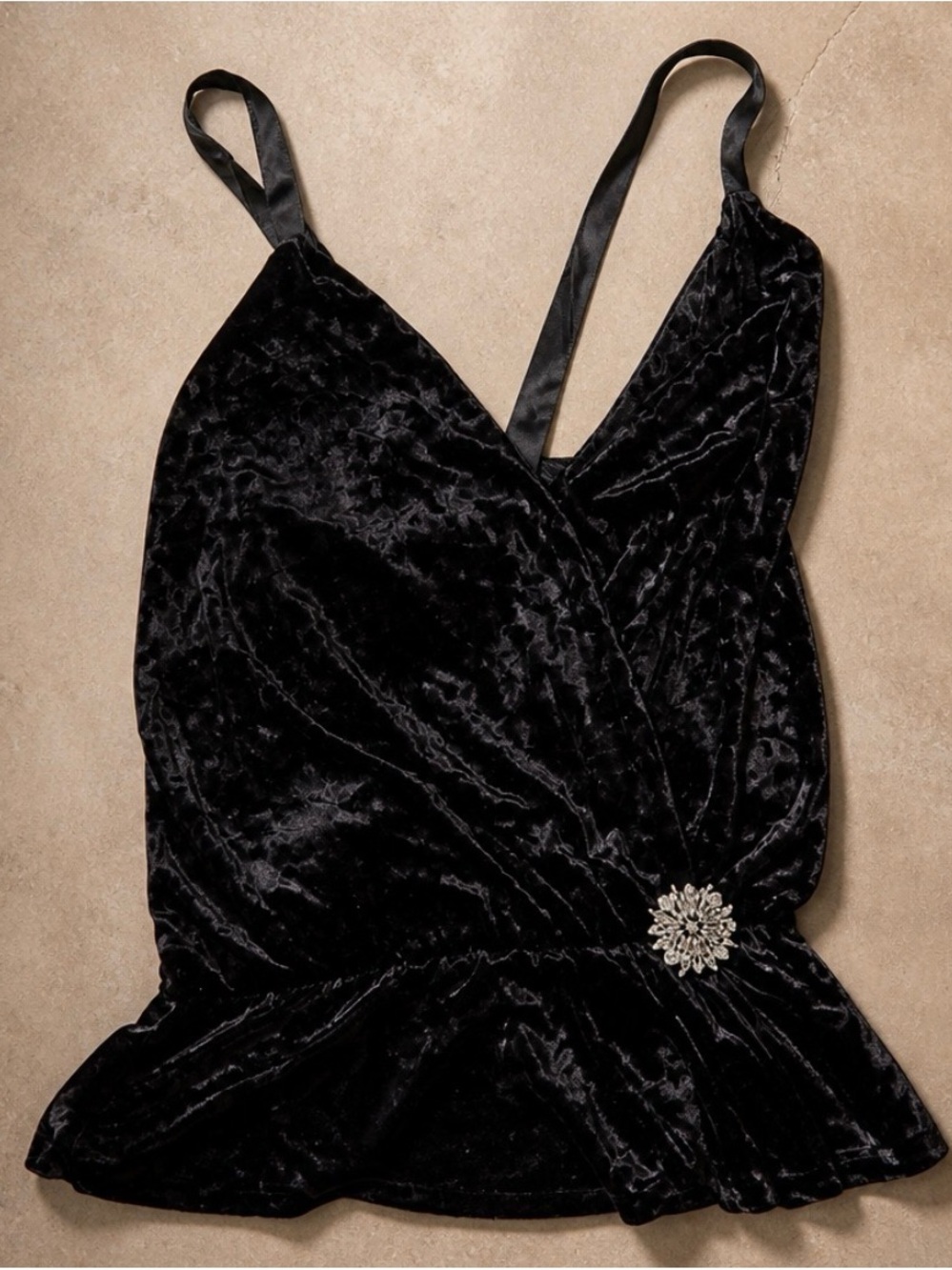 Express Black Velvet V-Neck Tank with Rhinestone Brooch